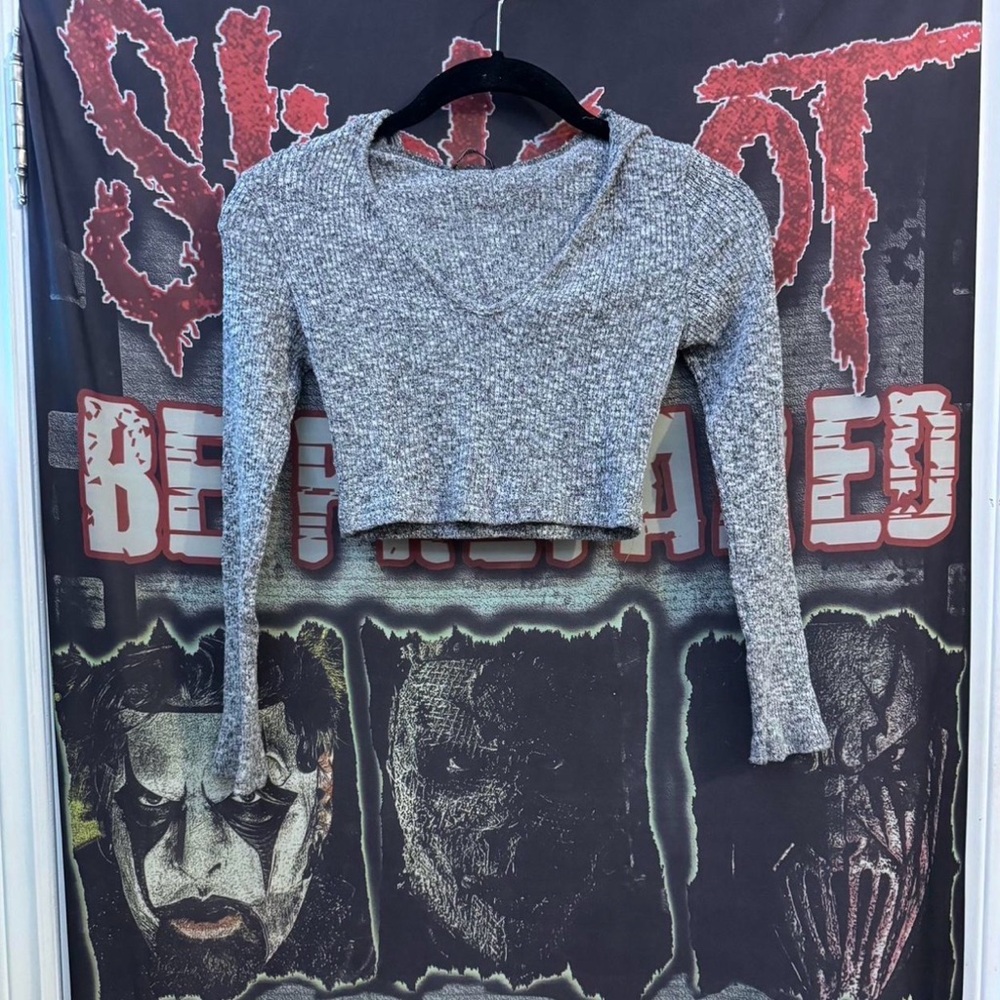 Fashion Nova Grey Knit Cropped Hoodie Top